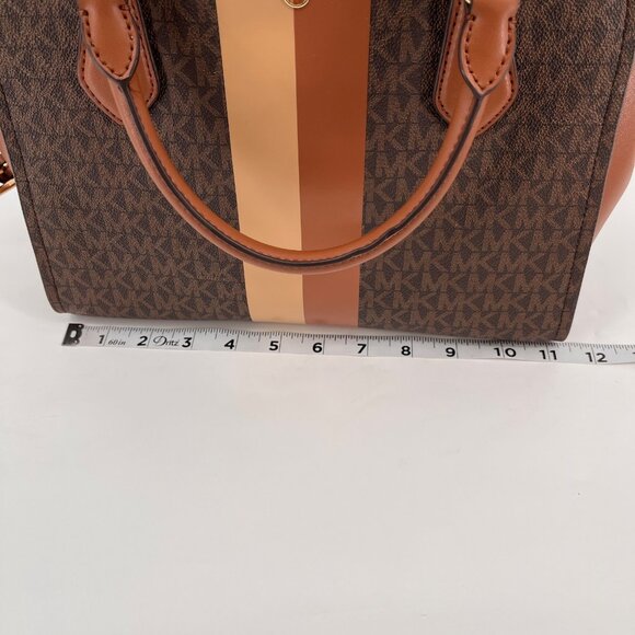 Michael Kors Marilyn Medium Logo Stripe Satchel Brown Mask Canvas Leather Trim - Picture 15 of 16